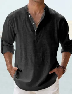 Men's Shirt Linen Shirt Summer Shirt Beach Shirt Plain Hawaiian Holiday Black White Pink Wine Long Sleeve Stand Collar Spring & Summer Clothing Apparel Basic