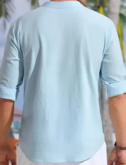 Men's Shirt Linen Shirt Summer Shirt Beach Shirt Plain Hawaiian Holiday Black White Pink Wine Long Sleeve Stand Collar Spring & Summer Clothing Apparel Basic