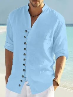 Men's Shirt Linen Shirt Summer Shirt Beach Wear Button Up Shirt Plain Vacation Curise Black White Pink Blue Long Sleeve Collar Spring & Summer Clothing Apparel