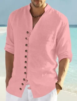 Men's Shirt Linen Shirt Summer Shirt Beach Wear Button Up Shirt Plain Vacation Curise Black White Pink Blue Long Sleeve Collar Spring & Summer Clothing Apparel