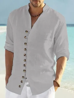 Men's Shirt Linen Shirt Summer Shirt Beach Wear Button Up Shirt Plain Vacation Curise Black White Pink Blue Long Sleeve Collar Spring & Summer Clothing Apparel
