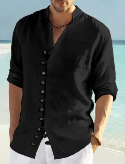 Men's Shirt Linen Shirt Summer Shirt Beach Wear Button Up Shirt Plain Vacation Curise Black White Pink Blue Long Sleeve Collar Spring & Summer Clothing Apparel
