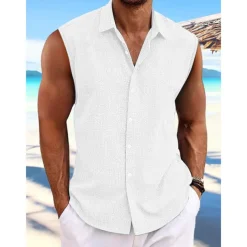 Men's Shirt Linen Shirt Summer Shirt Beach Wear Button Up Shirt Plain Vacation Curise White Pink Light Blue Short Sleeve Collar Summer Spring Clothing Apparel