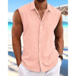Men's Shirt Linen Shirt Summer Shirt Beach Wear Button Up Shirt Plain Vacation Curise White Pink Light Blue Short Sleeve Collar Summer Spring Clothing Apparel