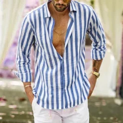 Men's Shirt Linen Shirt Summer Shirt Casual Shirt Beach Shirt Button Up Shirt Striped Vacation Holiday Black Yellow Pink Red Long Sleeve Turndown Spring & Fall Clothing Apparel Button-Down