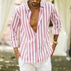 Men's Shirt Linen Shirt Summer Shirt Casual Shirt Beach Shirt Button Up Shirt Striped Vacation Holiday Black Yellow Pink Red Long Sleeve Turndown Spring & Fall Clothing Apparel Button-Down