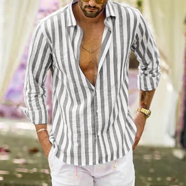 Men's Shirt Linen Shirt Summer Shirt Casual Shirt Beach Shirt Button Up Shirt Striped Vacation Holiday Black Yellow Pink Red Long Sleeve Turndown Spring & Fall Clothing Apparel Button-Down