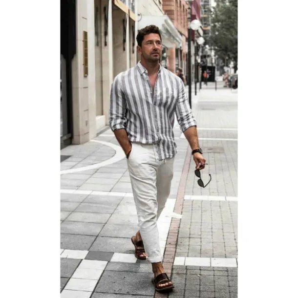 Men's Shirt Linen Shirt Summer Shirt Casual Shirt Beach Shirt Button Up Shirt Striped Vacation Holiday Black Yellow Pink Red Long Sleeve Turndown Spring & Fall Clothing Apparel Button-Down