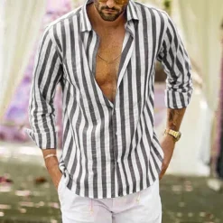 Men's Shirt Linen Shirt Summer Shirt Casual Shirt Beach Shirt Button Up Shirt Striped Vacation Holiday Black Yellow Pink Red Long Sleeve Turndown Spring & Fall Clothing Apparel Button-Down