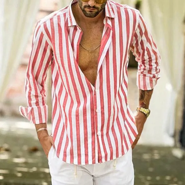 Men's Shirt Linen Shirt Summer Shirt Casual Shirt Beach Shirt Button Up Shirt Striped Vacation Holiday Black Yellow Pink Red Long Sleeve Turndown Spring & Fall Clothing Apparel Button-Down