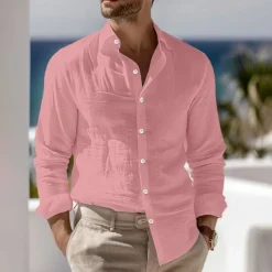 Men's Shirt Linen Shirt Summer Shirt Beach Wear Button Up Shirt Plain Vacation Curise Black White Pink Blue Long Sleeve Collar Spring & Summer Clothing Apparel