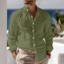 Men's Shirt Linen Shirt Summer Shirt Beach Wear Button Up Shirt Plain Vacation Curise Black White Pink Blue Long Sleeve Collar Spring & Summer Clothing Apparel