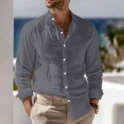 Men's Shirt Linen Shirt Summer Shirt Beach Wear Button Up Shirt Plain Vacation Curise Black White Pink Blue Long Sleeve Collar Spring & Summer Clothing Apparel