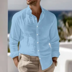 Men's Shirt Linen Shirt Summer Shirt Beach Wear Button Up Shirt Plain Vacation Curise Black White Pink Blue Long Sleeve Collar Spring & Summer Clothing Apparel