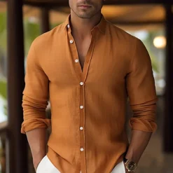 Men's Shirt Linen Shirt Summer Shirt Beach Wear Button Up Shirt Plain Vacation Curise White Pink Blue Orange Long Sleeve Lapel Spring & Summer Clothing Apparel