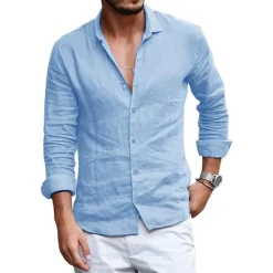 Men's Shirt Linen Shirt Summer Shirt Beach Shirt Yellow Pink Blue Long Sleeve Plain Lapel Spring & Summer Hawaiian Holiday Clothing Apparel Basic