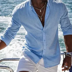 Men's Shirt Linen Shirt Summer Shirt Beach Shirt Yellow Pink Blue Long Sleeve Plain Lapel Spring & Summer Hawaiian Holiday Clothing Apparel Basic