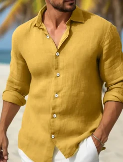 Men's Shirt Linen Shirt Summer Shirt Beach Wear Button Up Shirt Plain Vacation Curise Yellow Navy Blue Long Sleeve Turndown Spring & Summer Clothing Apparel