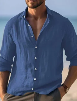 Men's Shirt Linen Shirt Summer Shirt Beach Wear Button Up Shirt Plain Vacation Curise Yellow Navy Blue Long Sleeve Turndown Spring & Summer Clothing Apparel