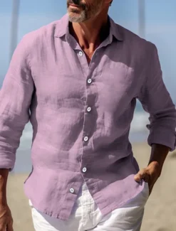 Men's Shirt Linen Shirt Summer Shirt Beach Wear Button Up Shirt Plain Vacation Curise Yellow Navy Blue Long Sleeve Turndown Spring & Summer Clothing Apparel