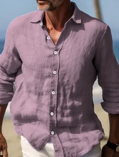 Men's Shirt Linen Shirt Summer Shirt Beach Wear Button Up Shirt Plain Vacation Curise Yellow Navy Blue Long Sleeve Turndown Spring & Summer Clothing Apparel