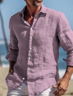 Men's Shirt Linen Shirt Summer Shirt Beach Wear Button Up Shirt Plain Vacation Curise Yellow Navy Blue Long Sleeve Turndown Spring & Summer Clothing Apparel