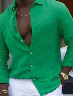 Men's Shirt Linen Shirt Summer Shirt Beach Shirt Plain Hawaiian Holiday Black White Pink Navy Blue Long Sleeve Lapel Spring & Summer Clothing Apparel Basic