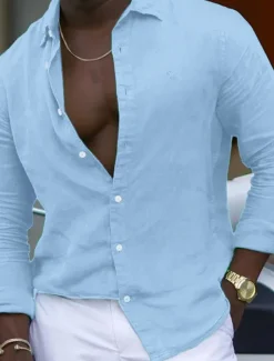 Men's Shirt Linen Shirt Summer Shirt Beach Shirt Plain Hawaiian Holiday Black White Pink Navy Blue Long Sleeve Lapel Spring & Summer Clothing Apparel Basic