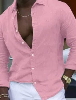 Men's Shirt Linen Shirt Summer Shirt Beach Shirt Plain Hawaiian Holiday Black White Pink Navy Blue Long Sleeve Lapel Spring & Summer Clothing Apparel Basic