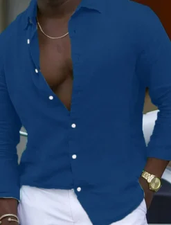Men's Shirt Linen Shirt Summer Shirt Beach Shirt Plain Hawaiian Holiday Black White Pink Navy Blue Long Sleeve Lapel Spring & Summer Clothing Apparel Basic