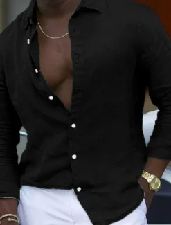 Men's Shirt Linen Shirt Summer Shirt Beach Shirt Plain Hawaiian Holiday Black White Pink Navy Blue Long Sleeve Lapel Spring & Summer Clothing Apparel Basic