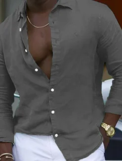 Men's Shirt Linen Shirt Summer Shirt Beach Shirt Plain Hawaiian Holiday Black White Pink Navy Blue Long Sleeve Lapel Spring & Summer Clothing Apparel Basic
