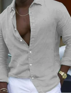 Men's Shirt Linen Shirt Summer Shirt Beach Shirt Plain Hawaiian Holiday Black White Pink Navy Blue Long Sleeve Lapel Spring & Summer Clothing Apparel Basic