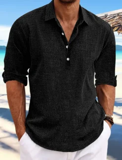 Men's Shirt Linen Shirt Summer Shirt Beach Shirt Plain Casual Daily Black Blue Green Khaki Long Sleeve Lapel Spring & Summer Clothing Apparel