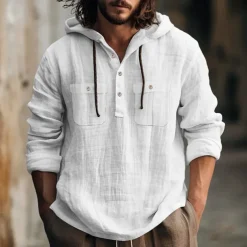 Men's Shirt Linen Shirt Summer Shirt Beach Shirt Hooded Shirt Plain Casual Daily Black White Blue Brown Long Sleeve Hooded Spring & Summer Clothing Apparel