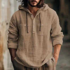 Men's Shirt Linen Shirt Summer Shirt Beach Shirt Hooded Shirt Plain Casual Daily Black White Blue Brown Long Sleeve Hooded Spring & Summer Clothing Apparel