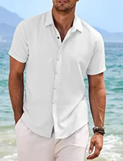 Men's Shirt Linen Shirt Summer Shirt Casual Shirt Beach Shirt Button Down Shirt Plain Casual Daily Black White Blue Green Short Sleeve Lapel Summer Clothing Apparel