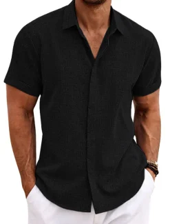 Men's Shirt Linen Shirt Summer Shirt Casual Shirt Beach Shirt Button Down Shirt Plain Casual Daily Black White Blue Green Short Sleeve Lapel Summer Clothing Apparel