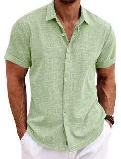 Men's Shirt Linen Shirt Summer Shirt Casual Shirt Beach Shirt Button Down Shirt Plain Casual Daily Black White Blue Green Short Sleeve Lapel Summer Clothing Apparel