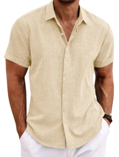 Men's Shirt Linen Shirt Summer Shirt Casual Shirt Beach Shirt Button Down Shirt Plain Casual Daily Black White Blue Green Short Sleeve Lapel Summer Clothing Apparel