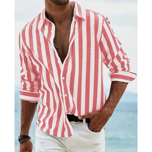 Men's Shirt Linen Shirt Summer Shirt Beach Shirt Cotton Linen Shirt Striped Shirts Striped Vacation Hawaiian Yellow Red Blue Green Long Sleeve Turndown Spring & Fall Clothing Apparel Button-Down