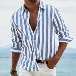 Men's Shirt Linen Shirt Summer Shirt Beach Shirt Cotton Linen Shirt Striped Shirts Striped Vacation Hawaiian Yellow Red Blue Green Long Sleeve Turndown Spring & Fall Clothing Apparel Button-Down