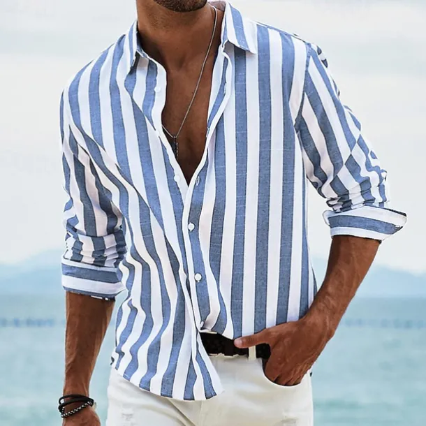 Men's Shirt Linen Shirt Summer Shirt Beach Shirt Cotton Linen Shirt Striped Shirts Striped Vacation Hawaiian Yellow Red Blue Green Long Sleeve Turndown Spring & Fall Clothing Apparel Button-Down