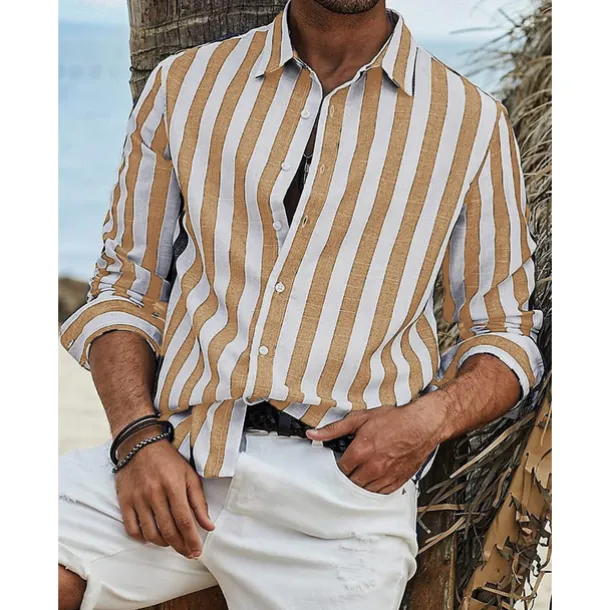 Men's Shirt Linen Shirt Summer Shirt Beach Shirt Cotton Linen Shirt Striped Shirts Striped Vacation Hawaiian Yellow Red Blue Green Long Sleeve Turndown Spring & Fall Clothing Apparel Button-Down