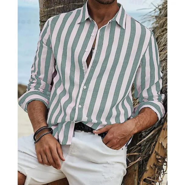 Men's Shirt Linen Shirt Summer Shirt Beach Shirt Cotton Linen Shirt Striped Shirts Striped Vacation Hawaiian Yellow Red Blue Green Long Sleeve Turndown Spring & Fall Clothing Apparel Button-Down