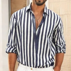 Men's Shirt Linen Shirt Summer Shirt Beach Shirt Cotton Linen Shirt Striped Shirts Striped Vacation Hawaiian Yellow Red Blue Green Long Sleeve Turndown Spring & Fall Clothing Apparel Button-Down
