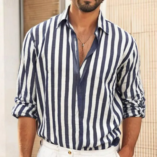 Men's Shirt Linen Shirt Summer Shirt Beach Shirt Cotton Linen Shirt Striped Shirts Striped Vacation Hawaiian Yellow Red Blue Green Long Sleeve Turndown Spring & Fall Clothing Apparel Button-Down