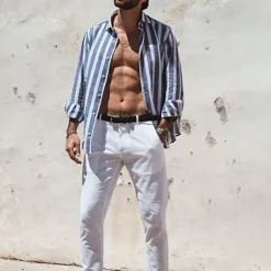 Men's Shirt Linen Shirt Summer Shirt Beach Shirt Cotton Linen Shirt Striped Shirts Striped Vacation Hawaiian Yellow Red Blue Green Long Sleeve Turndown Spring & Fall Clothing Apparel Button-Down