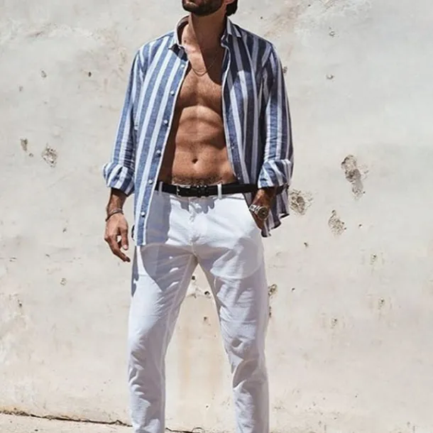 Men's Shirt Linen Shirt Summer Shirt Beach Shirt Cotton Linen Shirt Striped Shirts Striped Vacation Hawaiian Yellow Red Blue Green Long Sleeve Turndown Spring & Fall Clothing Apparel Button-Down