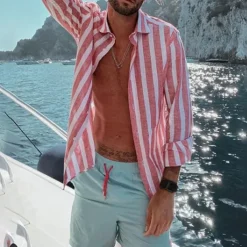 Men's Shirt Linen Shirt Summer Shirt Beach Shirt Cotton Linen Shirt Striped Shirts Striped Vacation Hawaiian Yellow Red Blue Green Long Sleeve Turndown Spring & Fall Clothing Apparel Button-Down